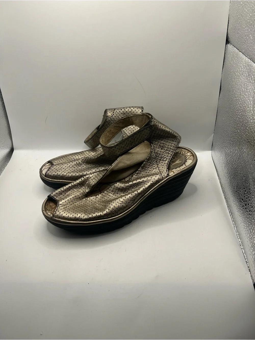 Fly London Metallic Gold Wedge Sandals